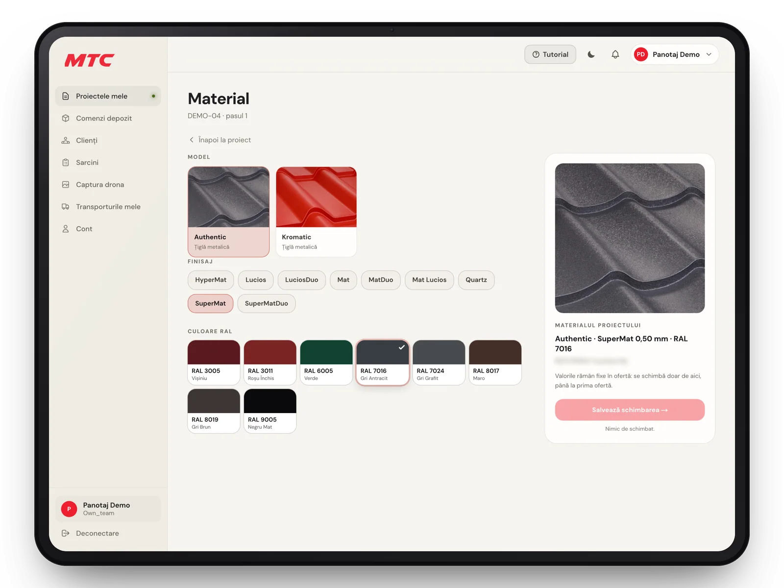 Pasul Material în aplicația MTC pe o tabletă: țiglă metalică Authentic și Kromatic în fotografii, finisaj SuperMat, culoarea RAL 7016