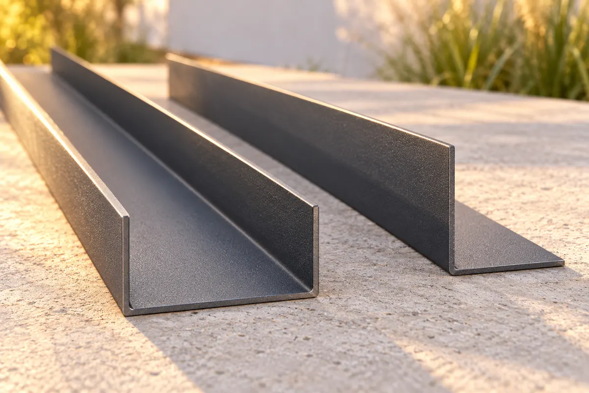 Profile metalice în U și în L, vopsite antracit, pe o placă de beton în lumina apusului